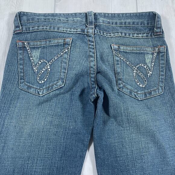 Vintage Bebe Y2k Low Rise Size 27 Flare Jeans Medium Wash Rhinestone Distressed - Picture 5 of 14